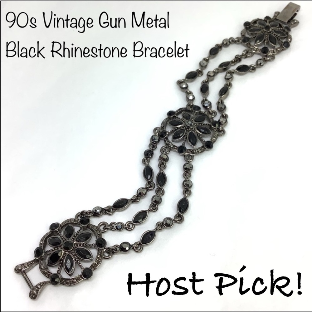 90s Vintage Gun Metal Black Rhinestone Bracelet